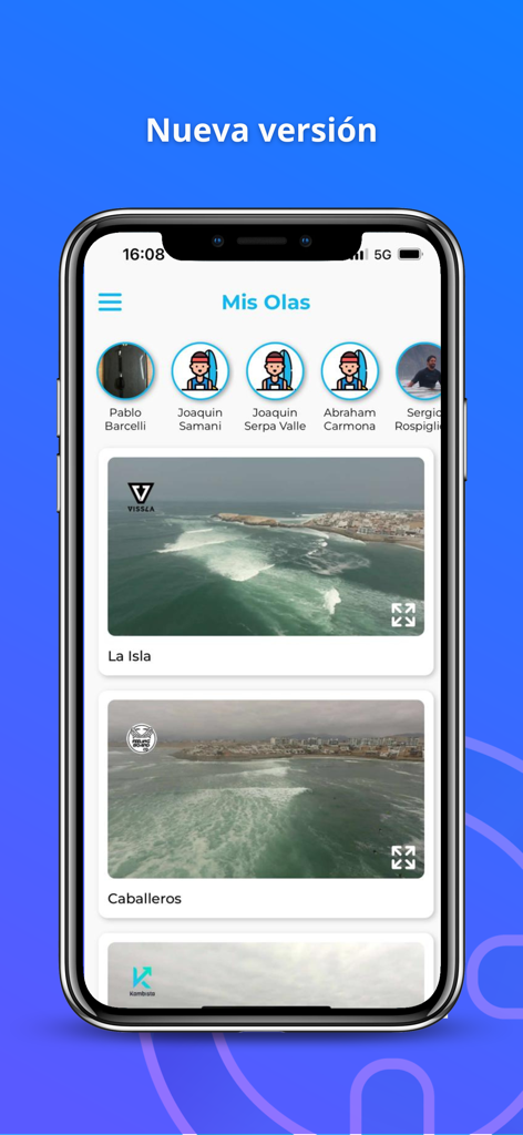 Mis Olas mobile app interface with live 4K surf camera feeds of various beaches