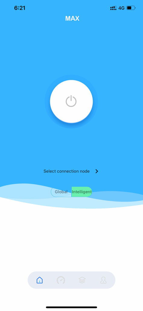 Main interface of MAX VPN showing a large one-click connection button and routing mode options