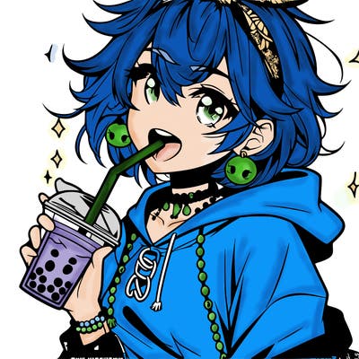 hot baddie anime girl drinking boba and biting the straw