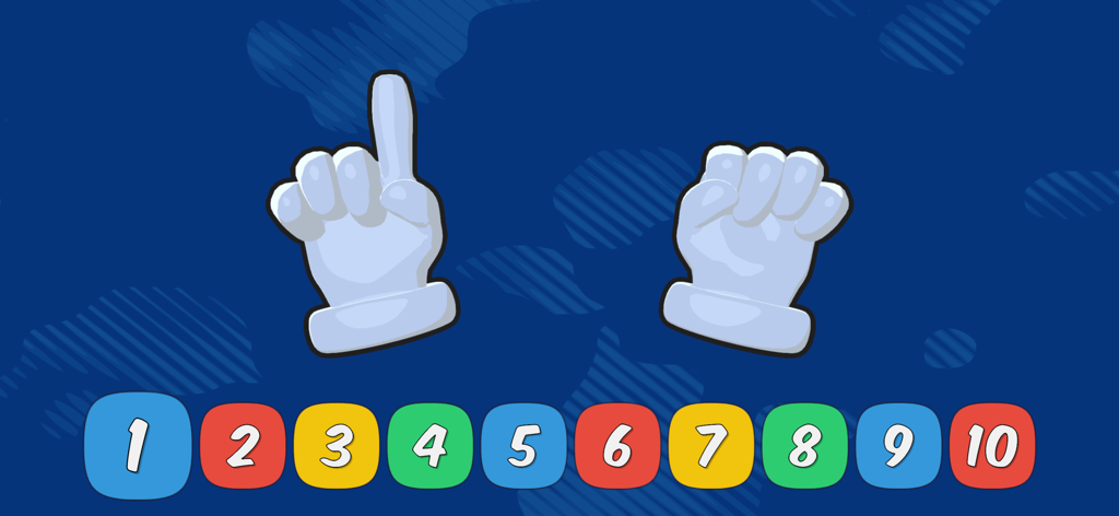 I Can Count to Ten - Cartoon hands showing one finger with colorful numbered buttons for toddler learning