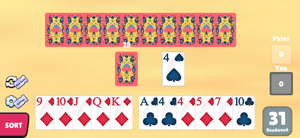 Pantalla de juego de Gin Rummy Classic mostrando una coincidencia de cartas con una mano del jugador y la puntuación del juego