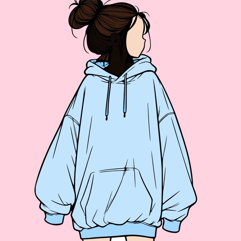 realistic girl with a oversized sweatshirt on and a bun