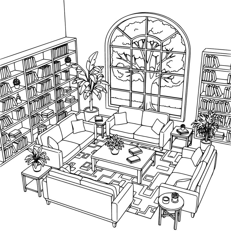 a cozy living room with bookshelves, plants, tables, couches, a big window with a tree outside