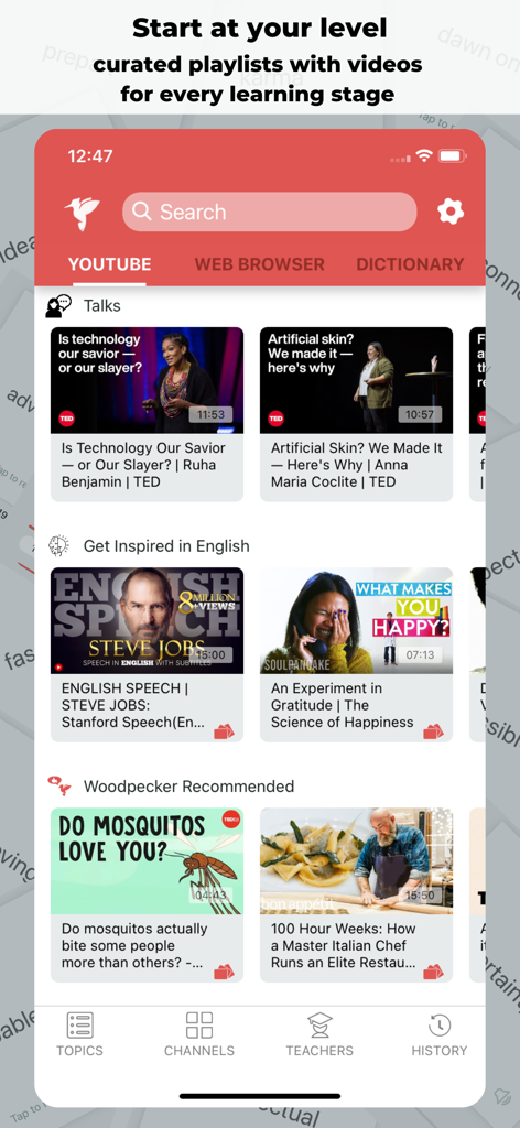 Woodpecker - Language Learning - The Woodpecker app interface showcasing curated YouTube playlists for different language learning levels.