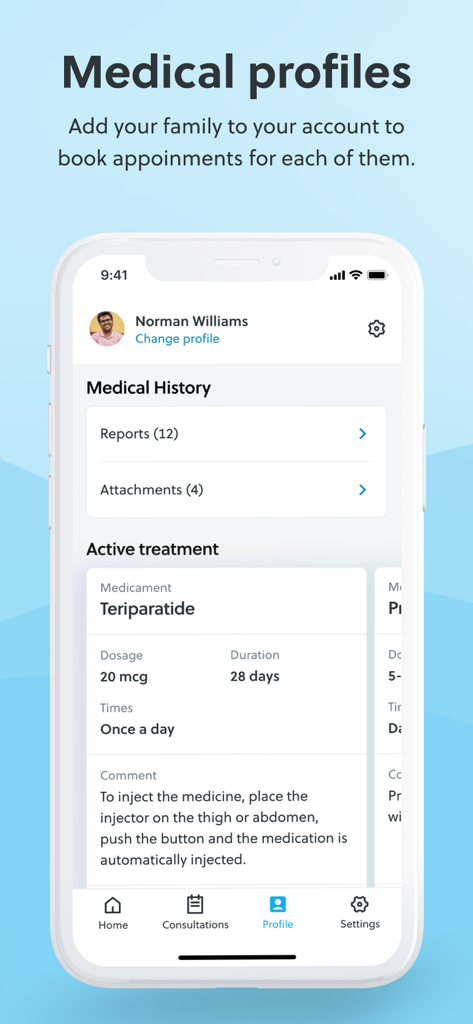 Interface of the Doctori app displaying a patient medical profile with history and active treatment details
