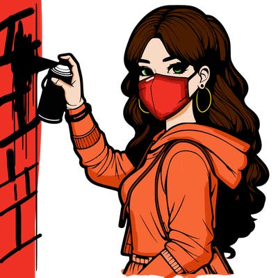 realistic girl with mask spray painting a wall