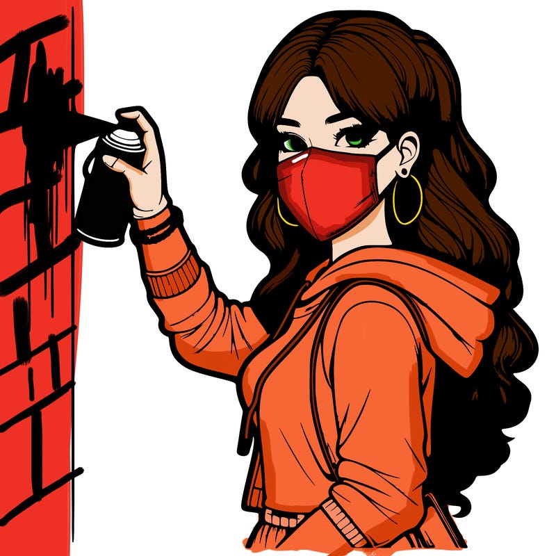 realistic girl with mask spray painting a wall