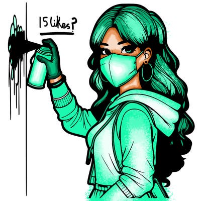 realistic girl with mask spray painting a wall