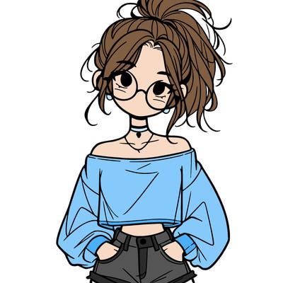 girl with a messy ponytail glasses a baggy crop top and jean shorts
