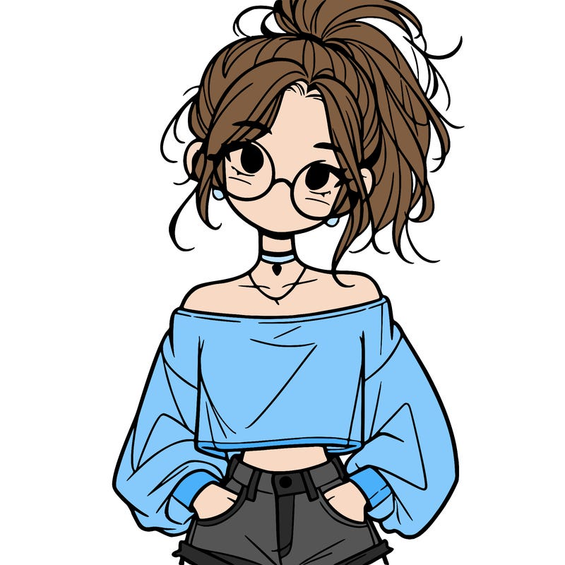 girl with a messy ponytail glasses a baggy crop top and jean shorts