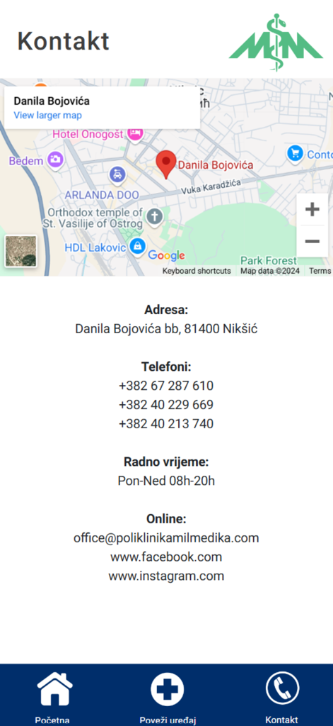 POLIKLINIKA MILMEDIKA - Contact page of the Milmedika polyclinic app showing the Niksic location map and contact details.