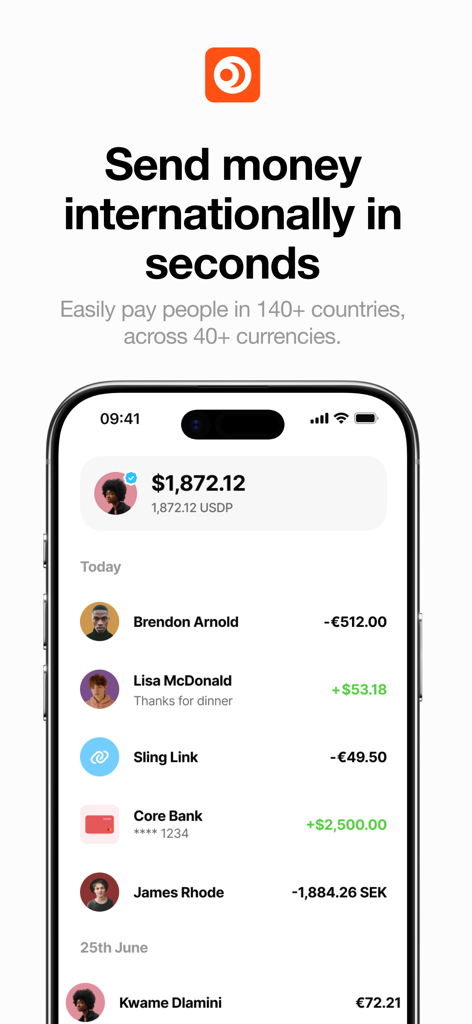 Aplicación Sling Money mostrando transferencias de dinero internacionales en múltiples divisas