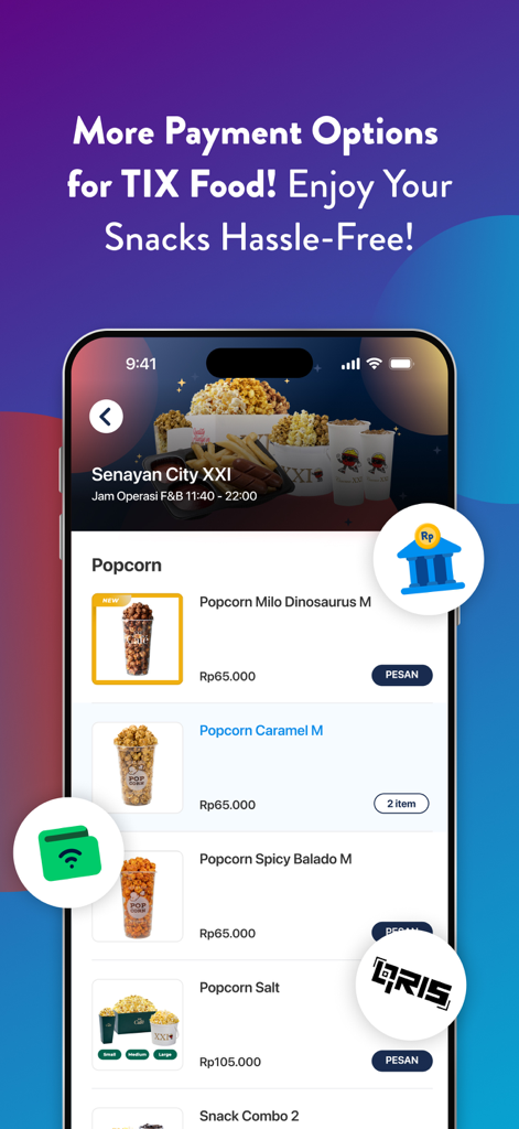 TIX ID - Interfaz de la aplicación TIX ID que muestra el menú de palomitas de cine y múltiples opciones de pago