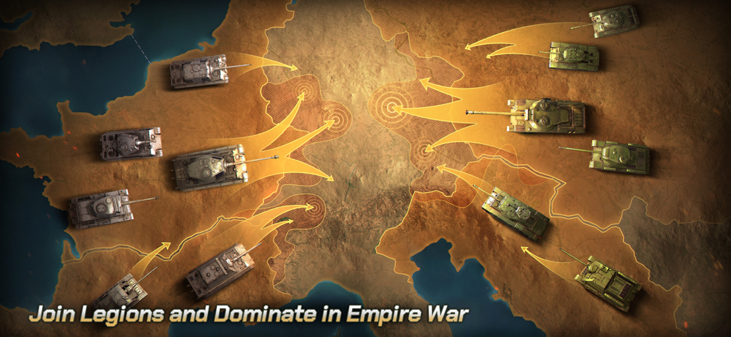 Tank Legion - Mapa de estrategia de arriba hacia abajo que muestra tanques moviéndose para dominar territorios en el modo Guerra Imperial