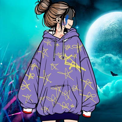 realistic girl with a oversized sweatshirt on and a bun