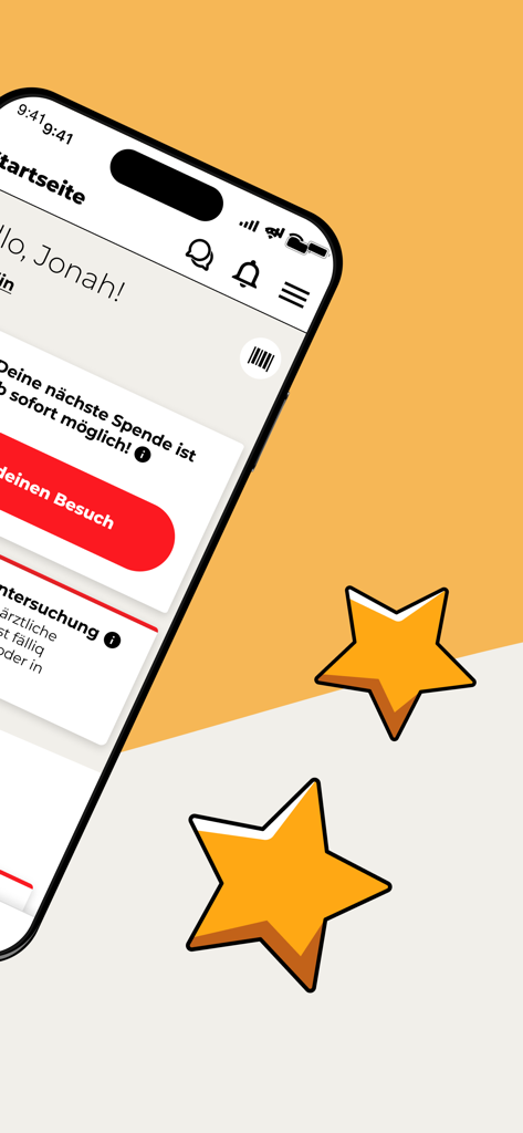 Mein CSL Plasma - Home screen of the Mein CSL Plasma app on an iPhone showing donation eligibility and a personalized greeting
