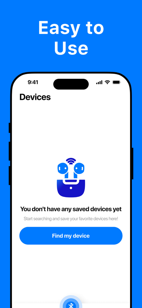 Find my Pods and Device - Devices screen of the Find my Pods app featuring a find my device button and easy to use header