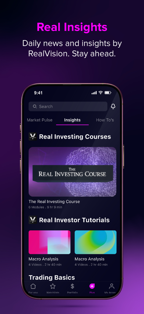 Trading & Investing App: amana - amanaアプリのインターフェース。RealVisionからの金融インサイトと投資コースを表示