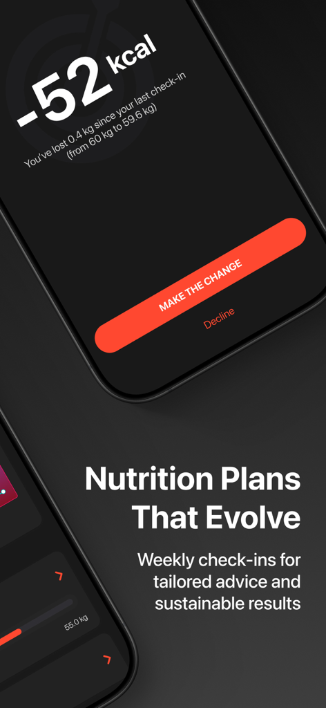 Calorie Counter - FitCounter - Schermata dell'app FitCounter che mostra un controllo settimanale per un piano nutrizionale con progressi di perdita di peso e aggiustamenti calorici