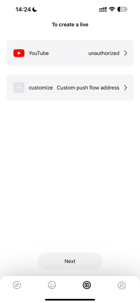 Interfaz para elegir plataformas de transmisión en vivo en la aplicación SJCAM Zone.