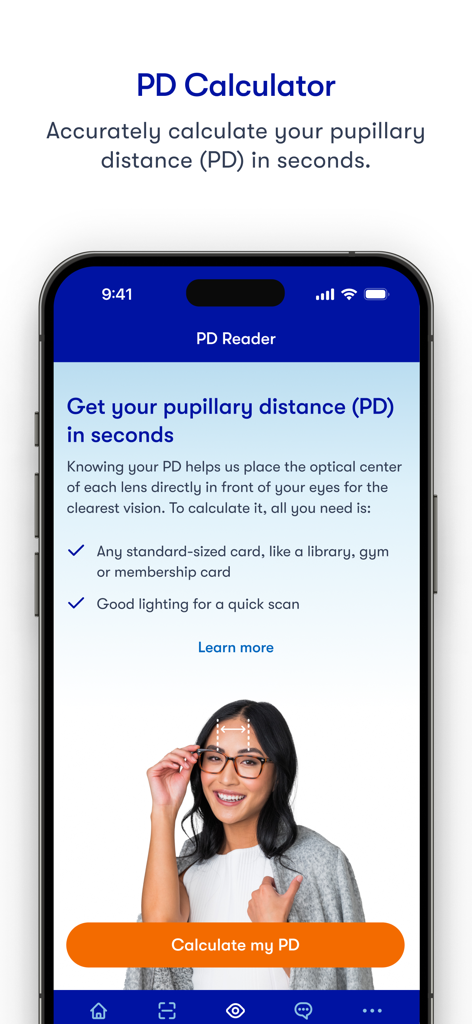 Die Benutzeroberfläche der The Framery-App zeigt den Pupillenabstandsrechner und Anweisungen zur Messung des PD.