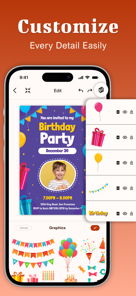 Invitation Maker-RSVP,Greeting - Interfaz de aplicación móvil que muestra una invitación de fiesta de cumpleaños siendo personalizada con fotos y gráficos festivos