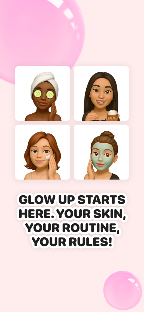 Routinely: Skincare Assistant - Four diverse female avatars performing skincare routines with the slogan Glow Up Starts Here