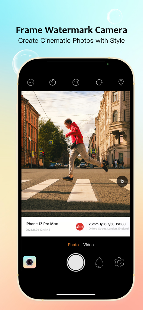 TimeCamera-TimeStamp To Photo - TimeCamera app interface showing a cinematic photo with a professional metadata frame watermark