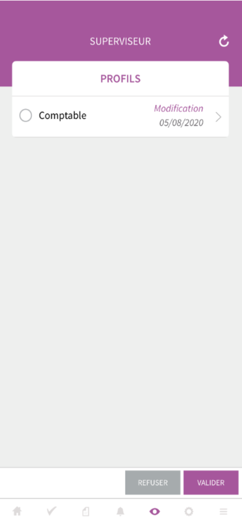 Interface superviseur de l'application BNI CashNet pour valider les modifications de profil comptable.