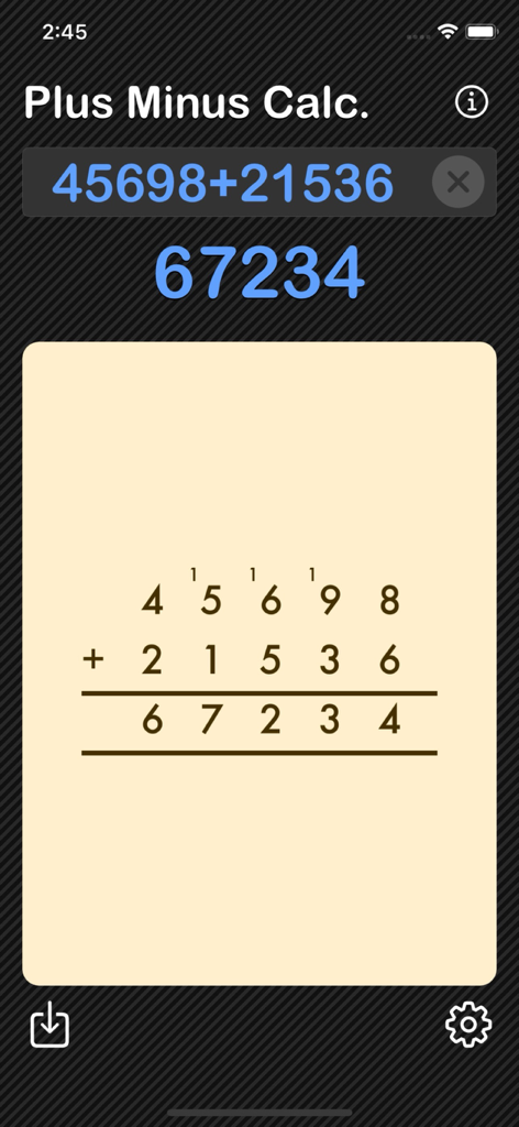 Plus Minus Calculator - Adição de coluna passo a passo do aplicativo Calculadora Mais Menos mostrando etapas de reagrupamento