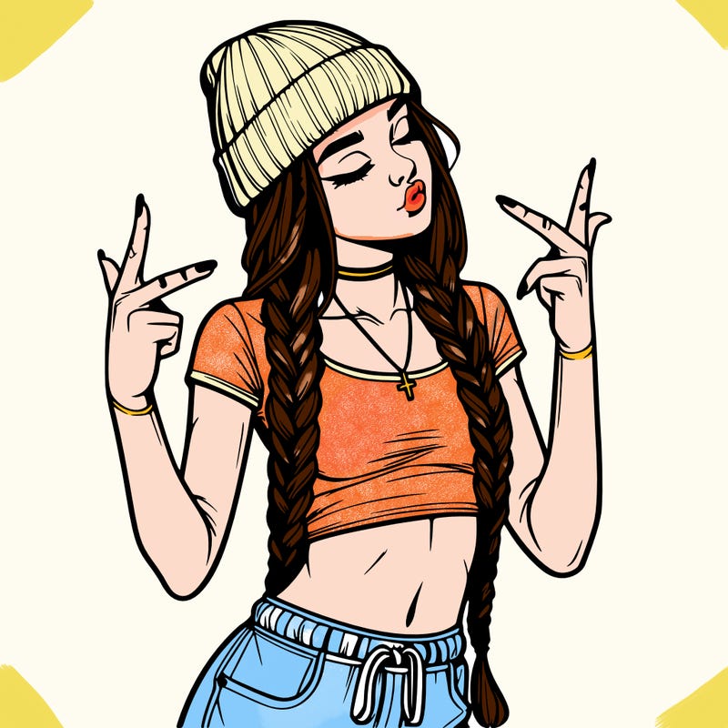 realistic teenage girl with braids and a beanie and crop top doing 🫶🏼
