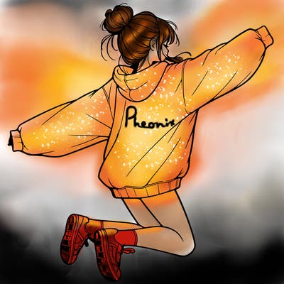 realistic girl jumping with a bun and oversized sweatshirt