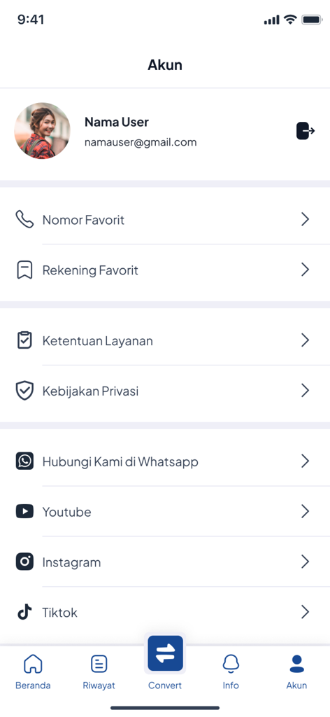 User account page in the Sukma Convert app displaying profile info and support options
