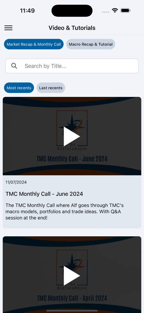 The Macro Compass - Interface of The Macro Compass app showing the video and tutorials section with monthly market call recordings.