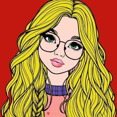 girl with long hair and freckles and glasses realistic