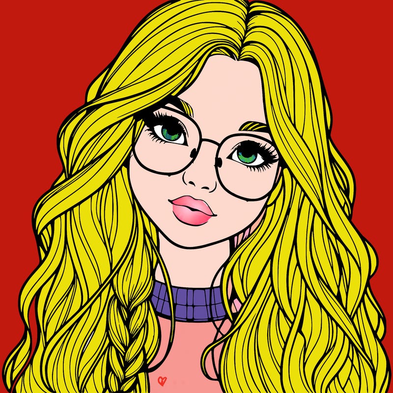 girl with long hair and freckles and glasses realistic