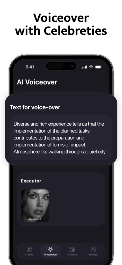 Eleven Labs: AI Music & Songs - Interface of the AI Music and Songs app showing the AI Voiceover feature with a text input area and a celebrity voice selector