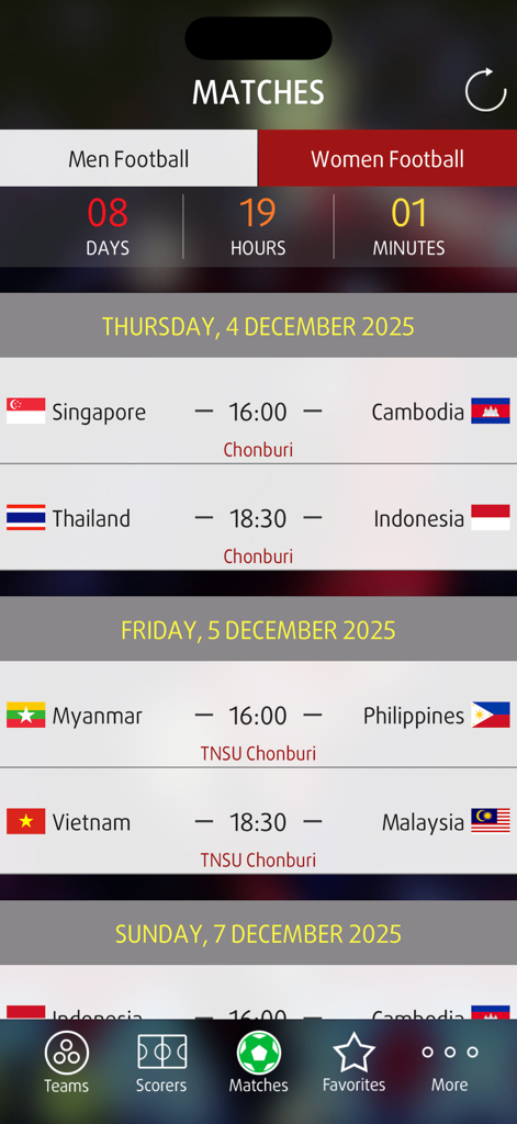 Scores for SEA Games 2025 - Football match schedule for SEA Games 2025 with team flags and countdown