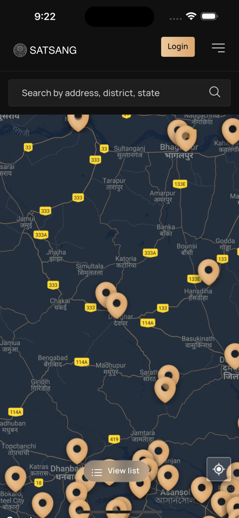 Satsang Official - Map view within the Satsang Official app showing pins for nearby Satsang Mandir locations and a search bar for finding centers by address