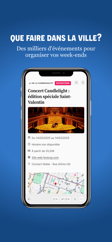 BruxellesToday - Display dello smartphone dell'app BruxellesToday che mostra un evento di concerto locale e le funzionalità della guida della città.