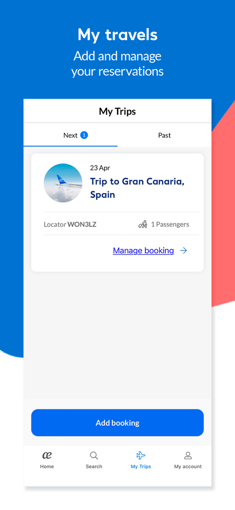 Interfaz de la aplicación móvil Air Europa que muestra la sección Mis Viajes para gestionar reservas de vuelos