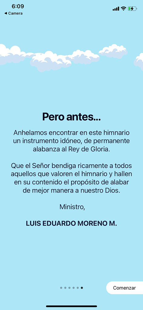 Himnario IDMJI - Welcome screen of the Himnario IDMJI app with an introductory message from the minister and a get started button.