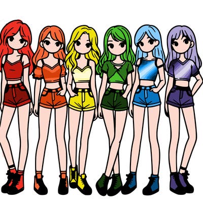a group of girls wearing crop tops and shorts
