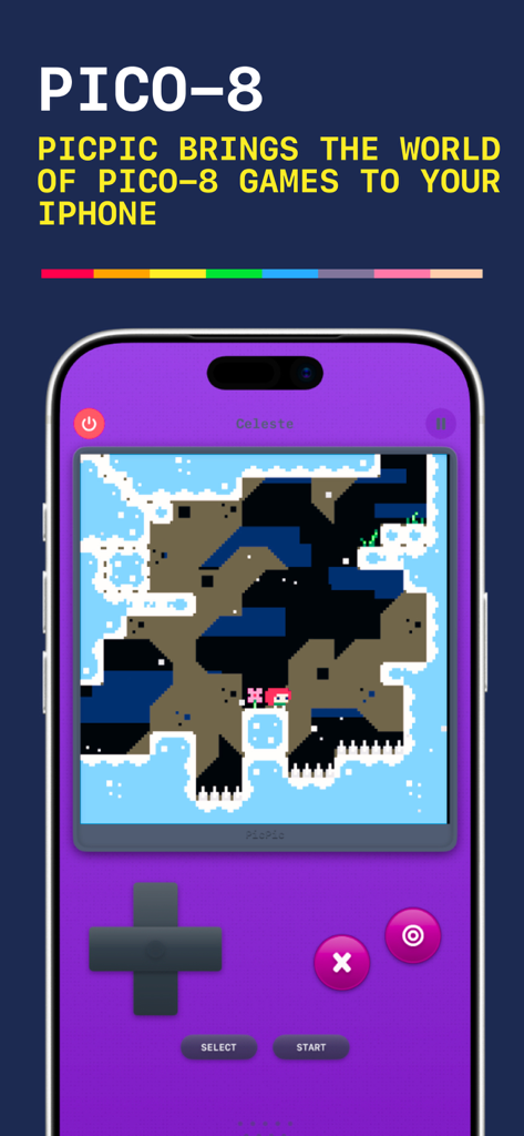 Pico-8 Emulator: Picpic - レトロな紫色の携帯ゲーム機スキンとピクセルアートのゲームプレイを備えたPicpicアプリのインターフェースを示すスマートフォンの画面