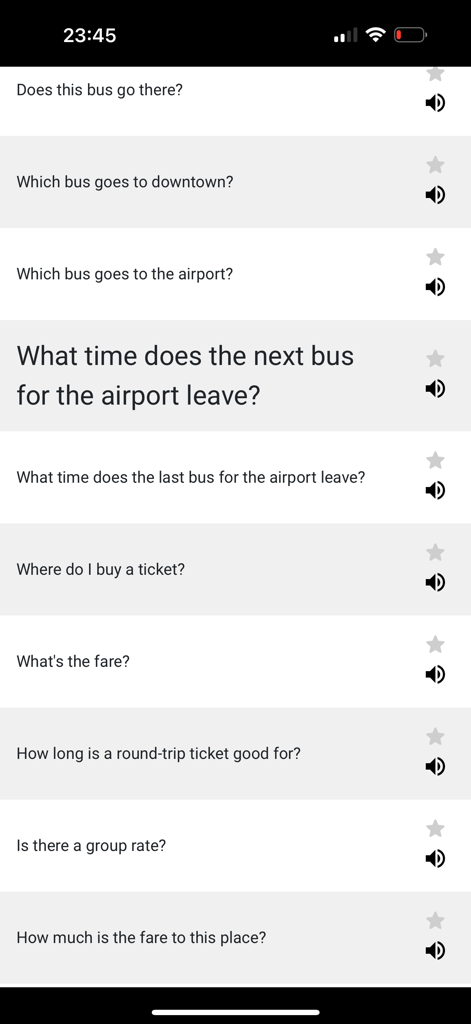 English travel and transportation phrases list in the Toli app