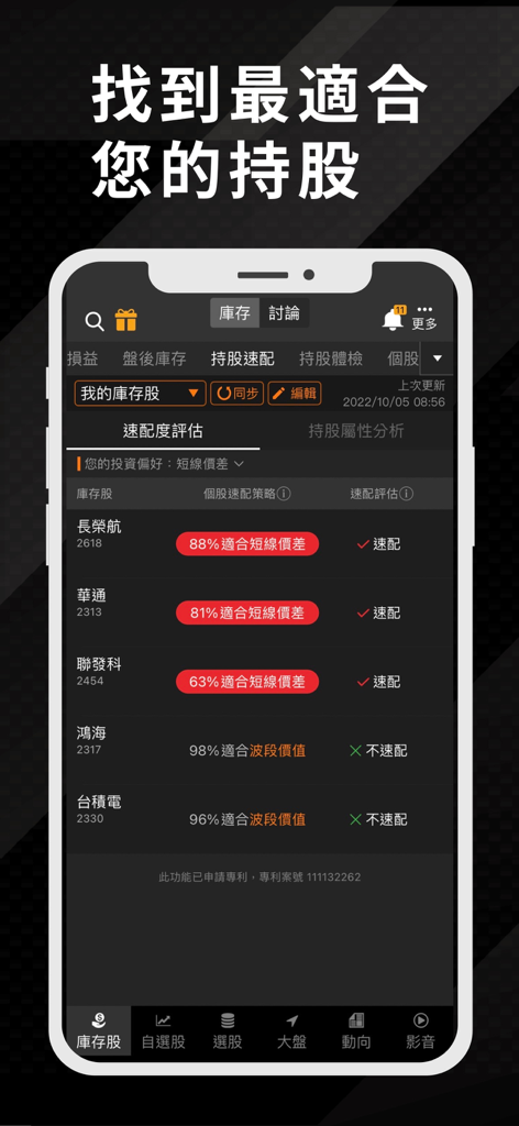 Stock Chip K-Line app displaying stock suitability assessment for various Taiwanese companies including TSMC and Foxconn.