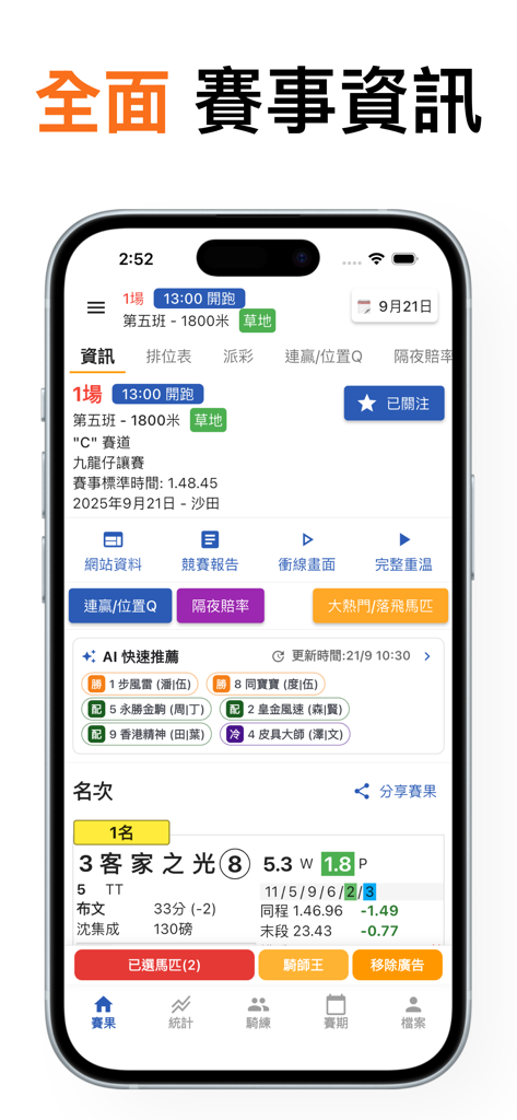 香港賽馬 賽果通知 - Capture d'écran de l'application de notification des résultats des courses hippiques de Hong Kong montrant les détails de la course et les statistiques des chevaux.