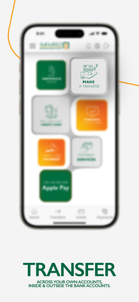 Interfaccia dell'app NBE Mobile che mostra l'opzione di trasferimento di denaro per conti interni ed esterni