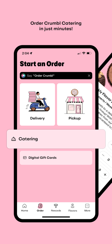 The Crumbl app Start an Order screen showing choices for delivery, pickup, catering, and digital gift cards on a pink brand interface.