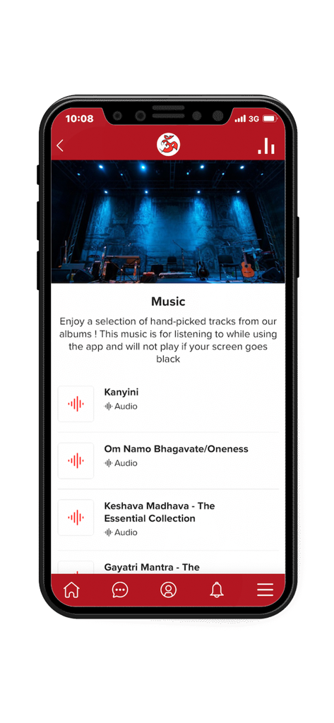 Deva & Miten’s Gayatri Sangha - Screenshot of the Music section in the Gayatri Sangha app featuring a list of mantra tracks and a live stage background